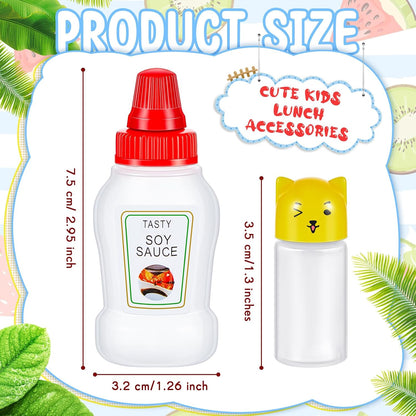26 Pcs Lunch Bento Soy Sauce Case Container 5 Mini Plastic Condiment Squeeze Bottles Cute Kids Lunch Accessories with Dropper 20 Animal Food Picks for Honey Salad Sauces Oil Ketchup (Vivid Style)