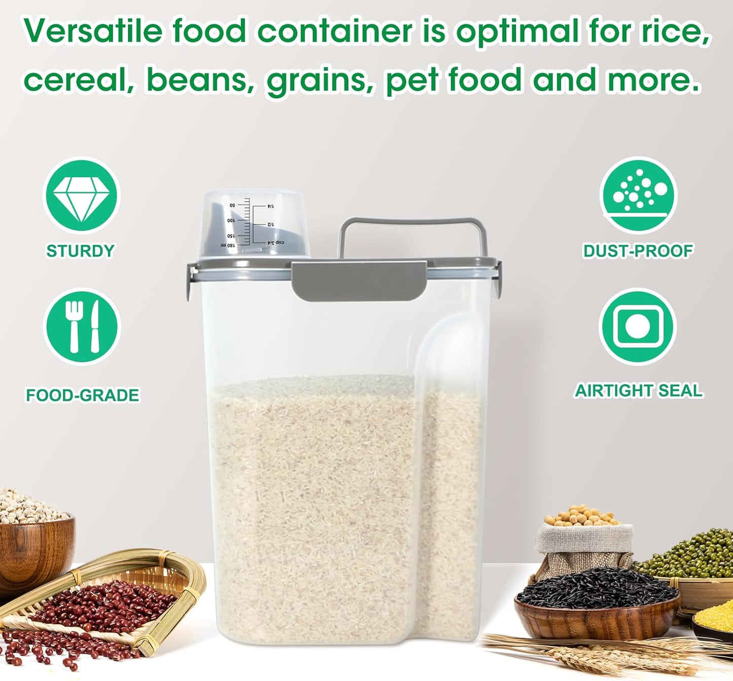 TBMax Rice Container 10 Lbs, Cereal Container Oatmeal Storage, Airtight Food Dispenser with Easy-pouring Spout & Handy Cup for Flour Grain Beans, Pet Dog Cat Bird Food Storage Container