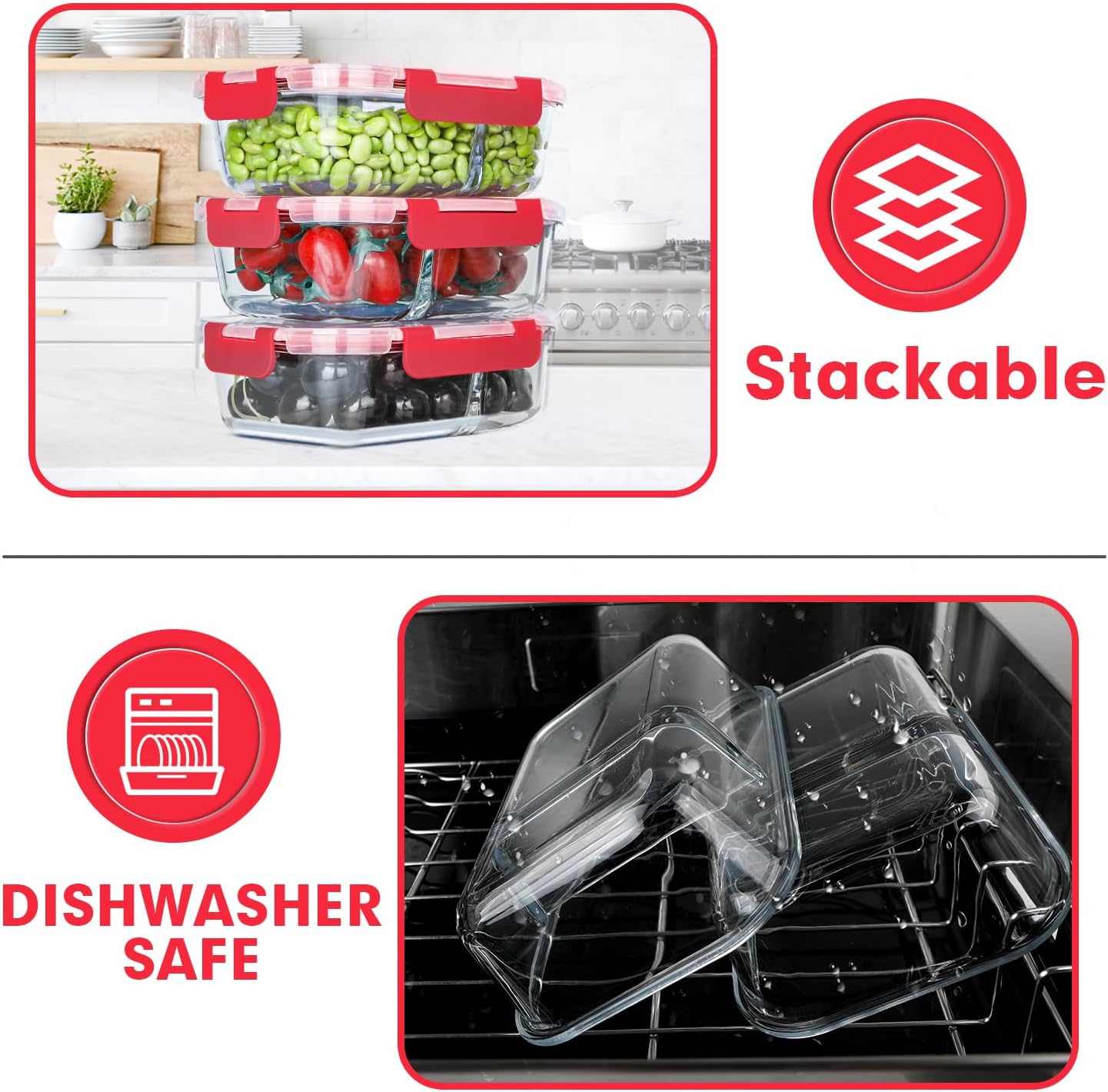 VERONES 10 Pack Glass Meal Prep Containers 2 Compartment Set, 30 OZ Airtight Glass Lunch Containers, Glass Food Storage Containers with Lids, for Microwave, Oven, Freezer & Dishwasher Friendly，Grey