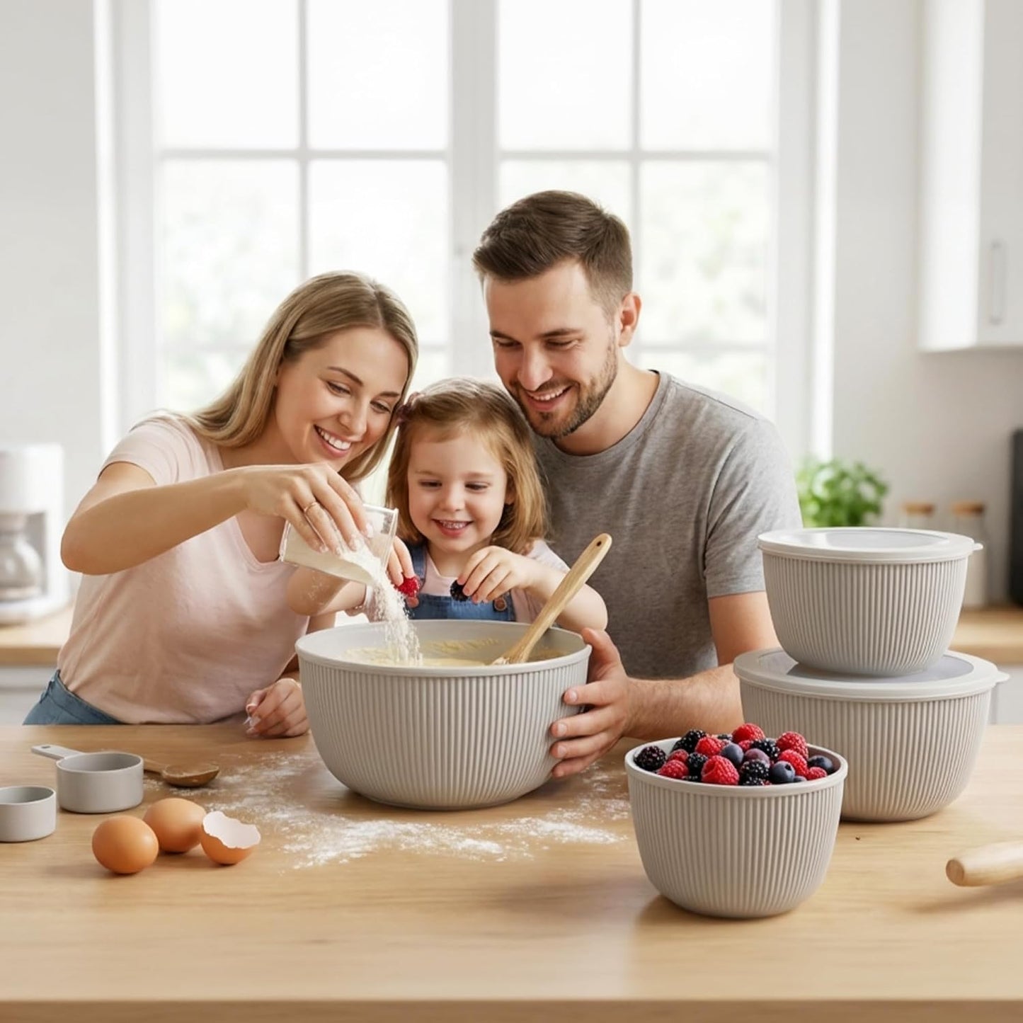 BoxedHome Plastic Mixing Bowls with Lids Set,4.97QT Large Capacity Deep Nesting Bowl,8 Pieces Set BPA-Free Prep Bowls,Dishwasher & Microwave Safe,Beige