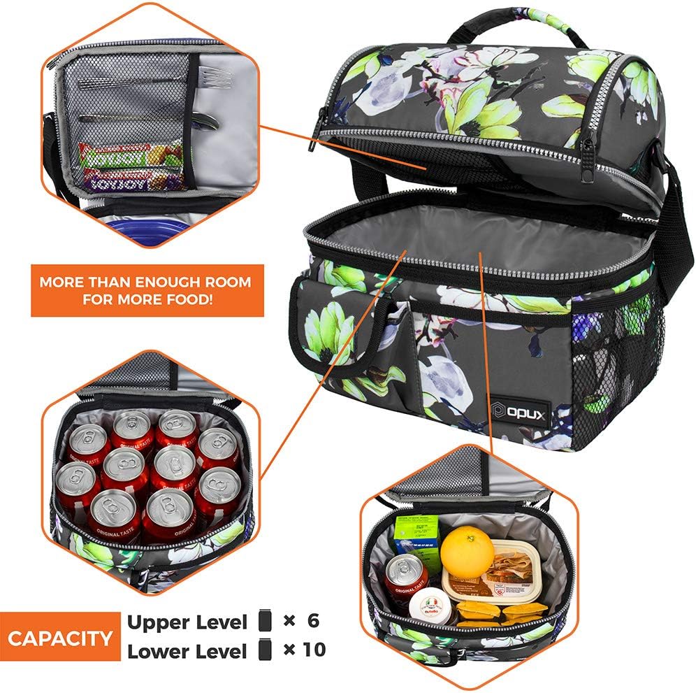 opux Insulated Lunch Bag Women Men, Dual Compartment Leakproof Lunch Box Adults Kids, Double Decker Meal Prep Bento Lunch Cooler Tote with Shoulder Strap for Work Office School Travel, Floral Purple