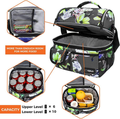 opux Insulated Lunch Bag Women Men, Dual Compartment Leakproof Lunch Box Adults Kids, Double Decker Meal Prep Bento Lunch Cooler Tote with Shoulder Strap for Work Office School Travel, Floral Purple