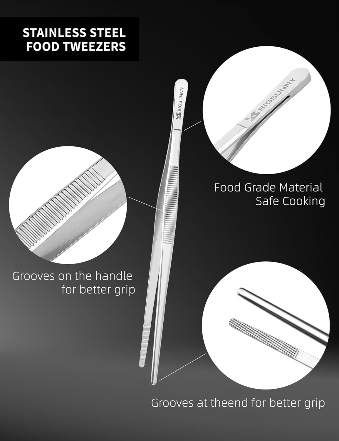 Set of 3 Kitchen Tweezers Fine Tweezer Tongs, MSY BIGSUNNY Stainless Steel Food Tweezers, Precision Serrated Tips Food Tongs (8.5" 10" and 12")