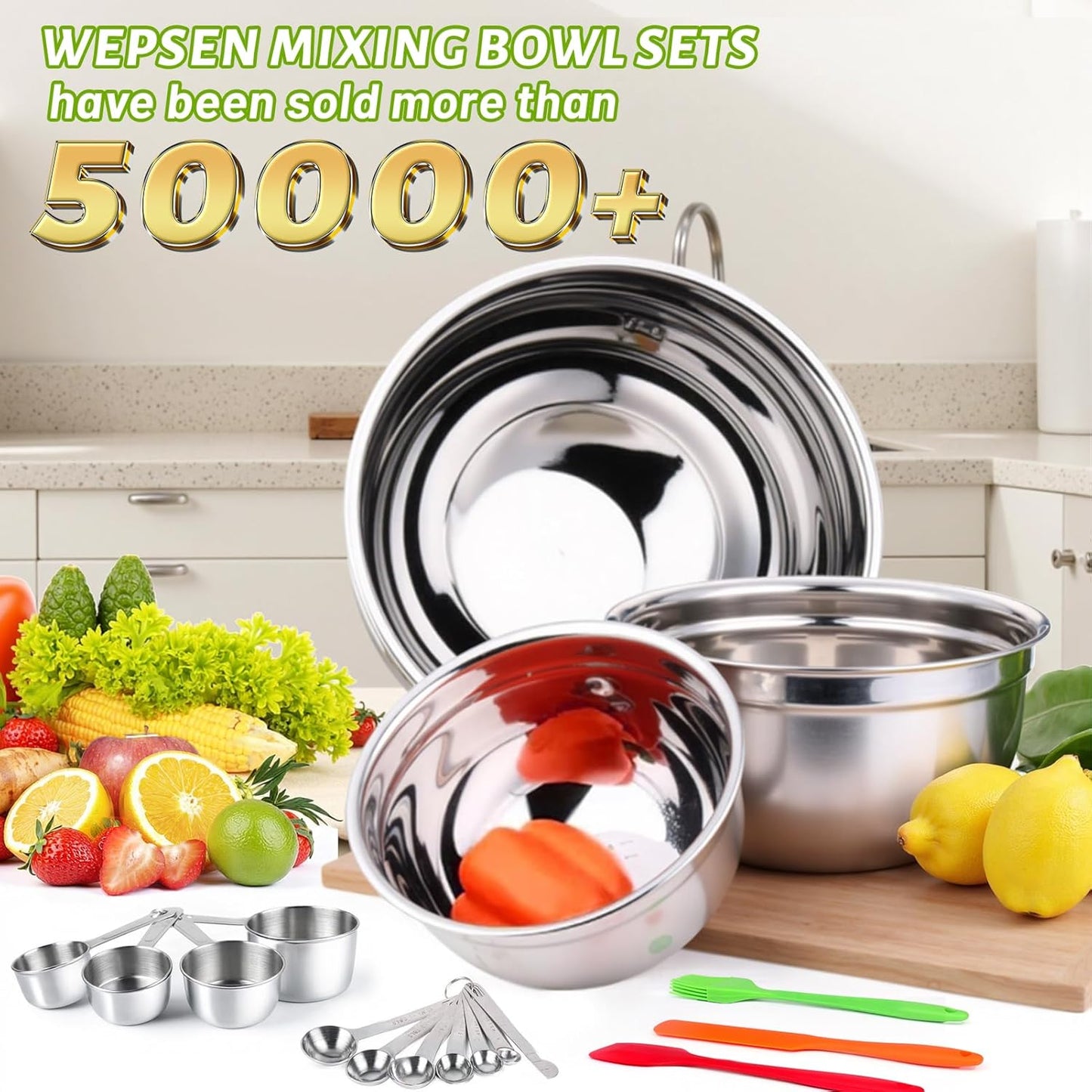 WEPSEN Mixing Bowls Set, 25PCS Stainless Steel Mixing Bowl with Lid Set, Large Nesting Bowls 7, 4.5, 3,2, 1.5QT, Measuring Cups and Spoons Baking Utensils Metal Bowl for Kitchen Prep
