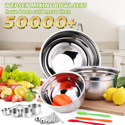 WEPSEN Mixing Bowls Set, 25PCS Stainless Steel Mixing Bowl with Lid Set, Large Nesting Bowls 7, 4.5, 3,2, 1.5QT, Measuring Cups and Spoons Baking Utensils Metal Bowl for Kitchen Prep