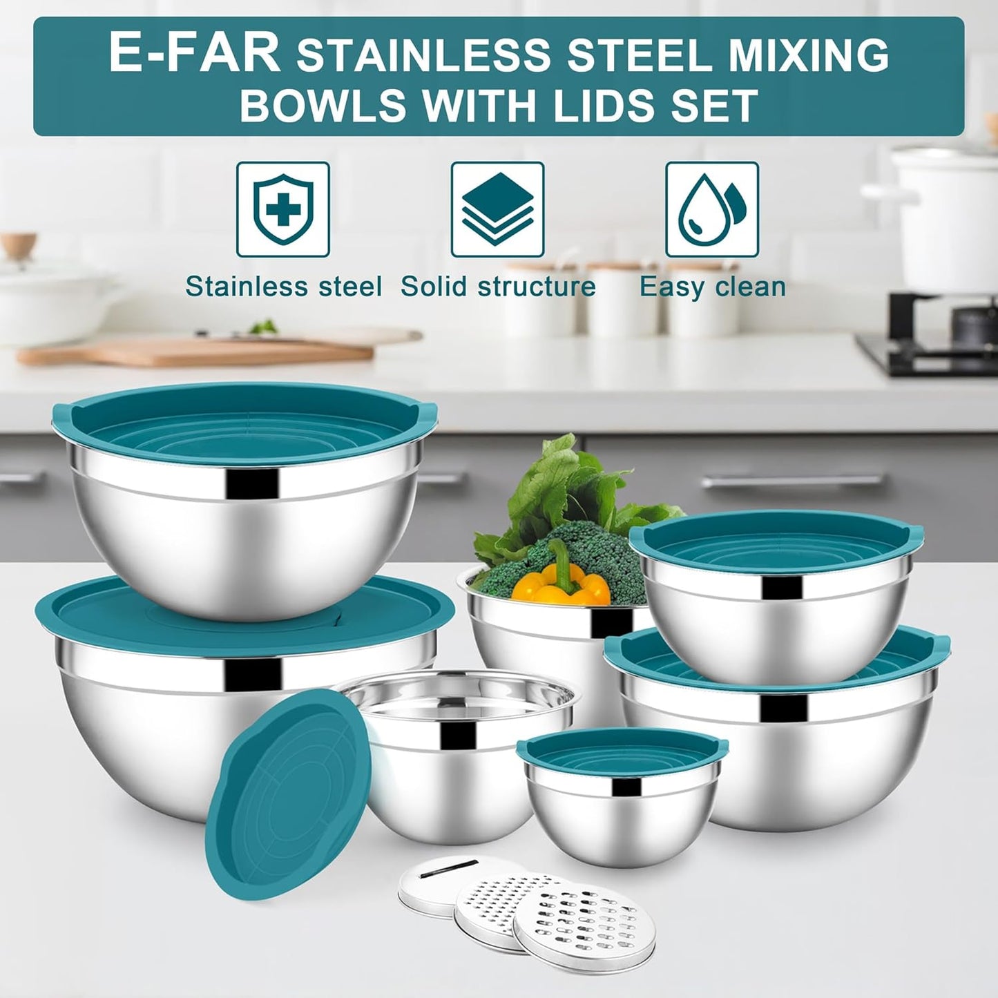 E-far Stainless Steel Mixing Bowls with Lids Set, 5-Piece Nesting Salad Bowls with 3 Grater Attachments and Non-Slip Bottoms, Size 4.6, 2.6, 2, 1.5, 1QT for Kitchen (Khaki)
