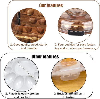 Deviled Egg Containers with Lid, 24 Holes Wooden Deviled Egg Platter Serving Tray Food Dish Containing Holder for Easter Christmas Home Kitchens Carrier Supply