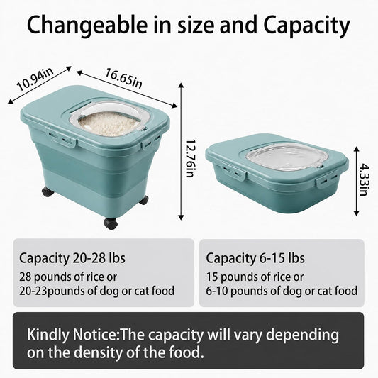 Rice Storage Container Collapsible 20-28 Lbs Food Storage Container with Rolling Wheels and Clear Airtight Lid. BPA Free Flour for Storing Rice, Flour, and Cat Dog Food Storage Container (Pink)