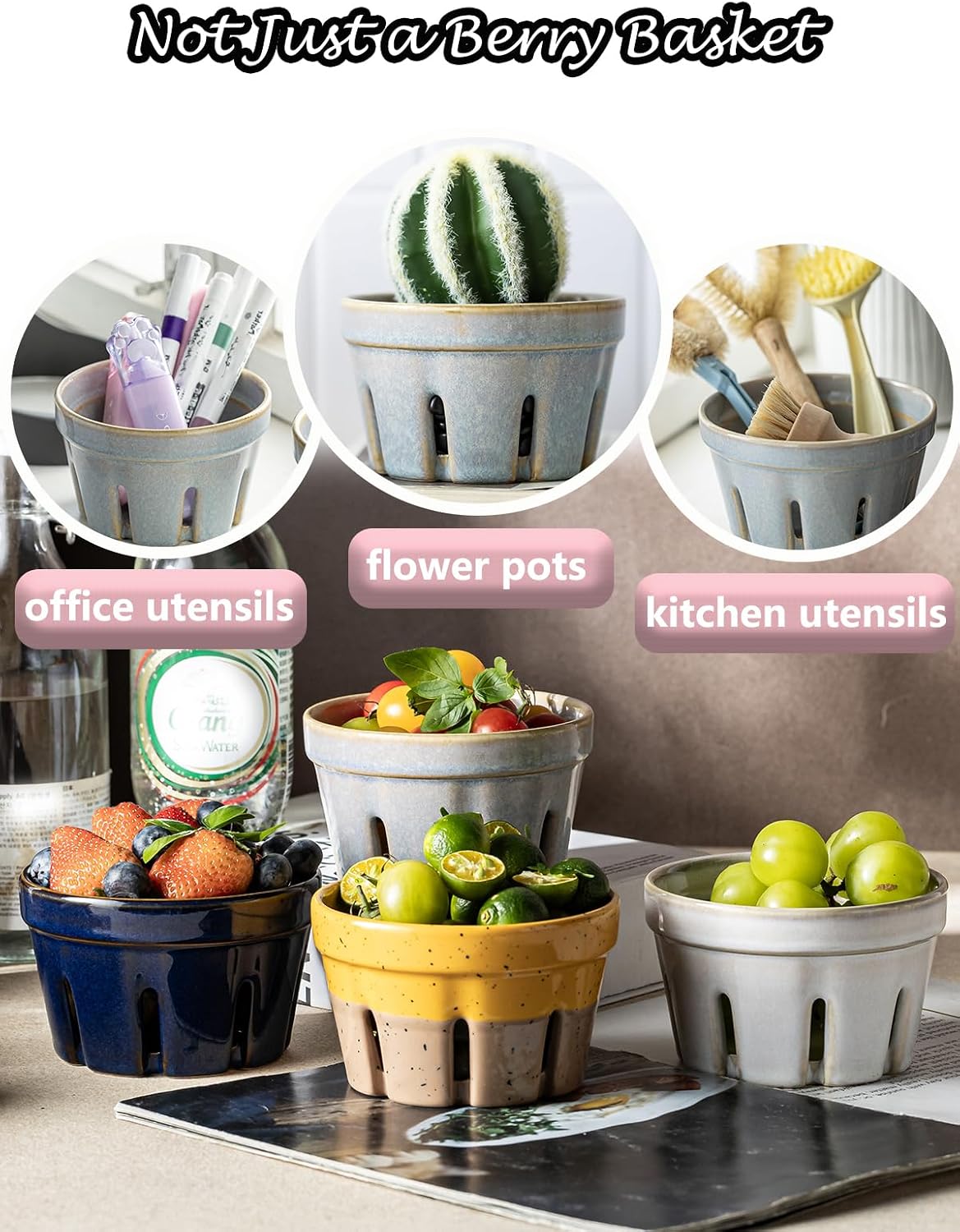 Gomakren Berry Bowls with Holes Ceramic, Berry Washing Bowl Basket Set of 2, 5.8 Inch Round Fruit Bowl Storage Containers, Strawberry Baskets, Farmhouse Kitchen Decor, Yellow + Brown