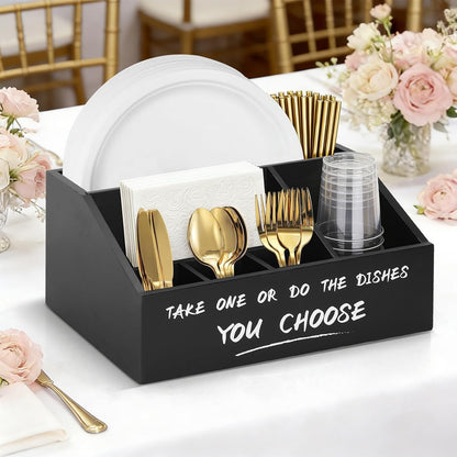Ameuphercy Wood Paper Plate Holders for Kitchen Counter,Paper Plate Dispenser for Countertop, Rustic Silverware Utensil Caddy for Party,Wooden Plate Organizer Box for Cups Spoons and Forks