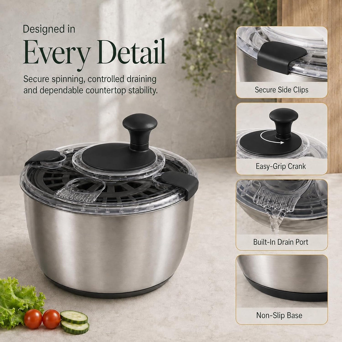 Large Salad Spinner 5.3 Qt with Stainless Steel Basket & Storage Lid, Black