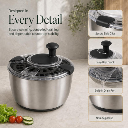 Large Salad Spinner 5.3 Qt with Stainless Steel Basket & Storage Lid, Black