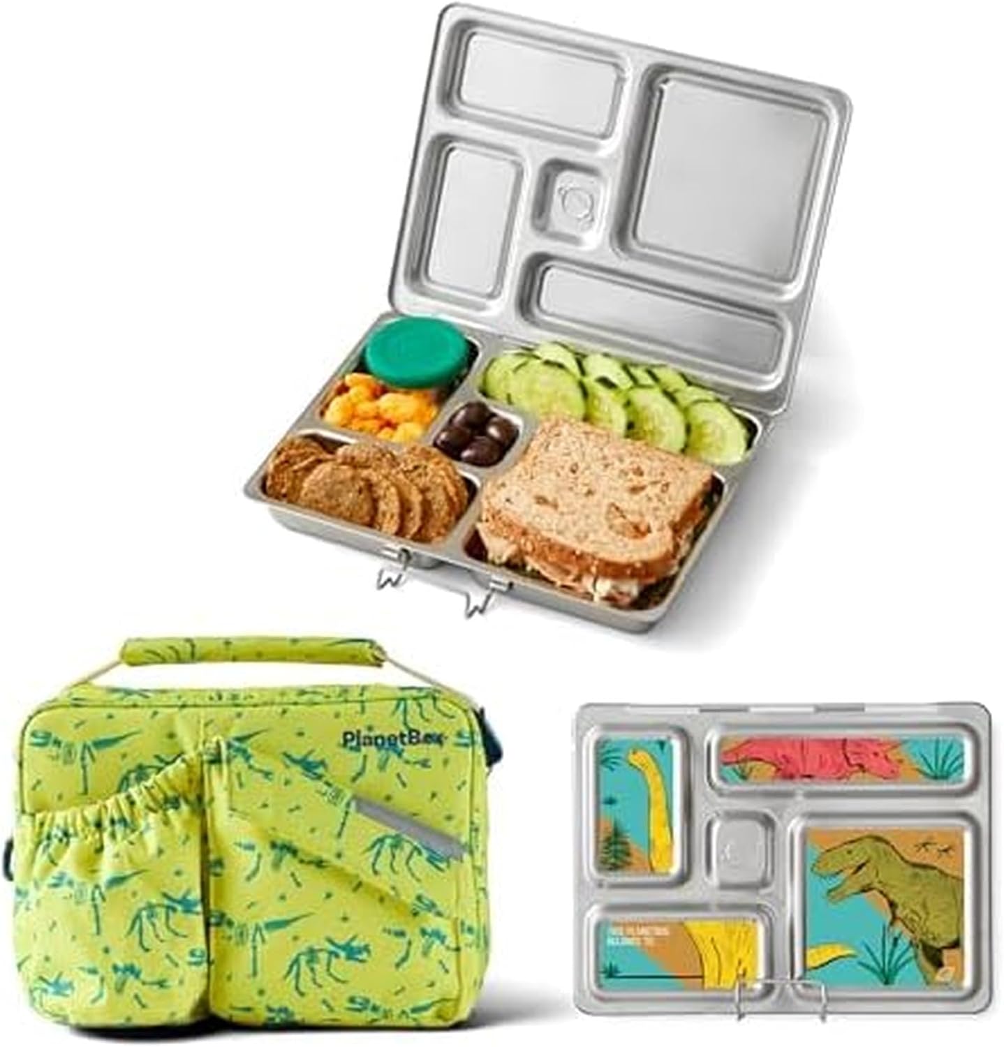 PlanetBox Rover Stainless Steel Bento Box Style Lunch Box Kit for Kids with 5 Compartments – Space Animals Edition includes Insulated Lunch Bag, Leakproof Food Containers and Matching Magnets