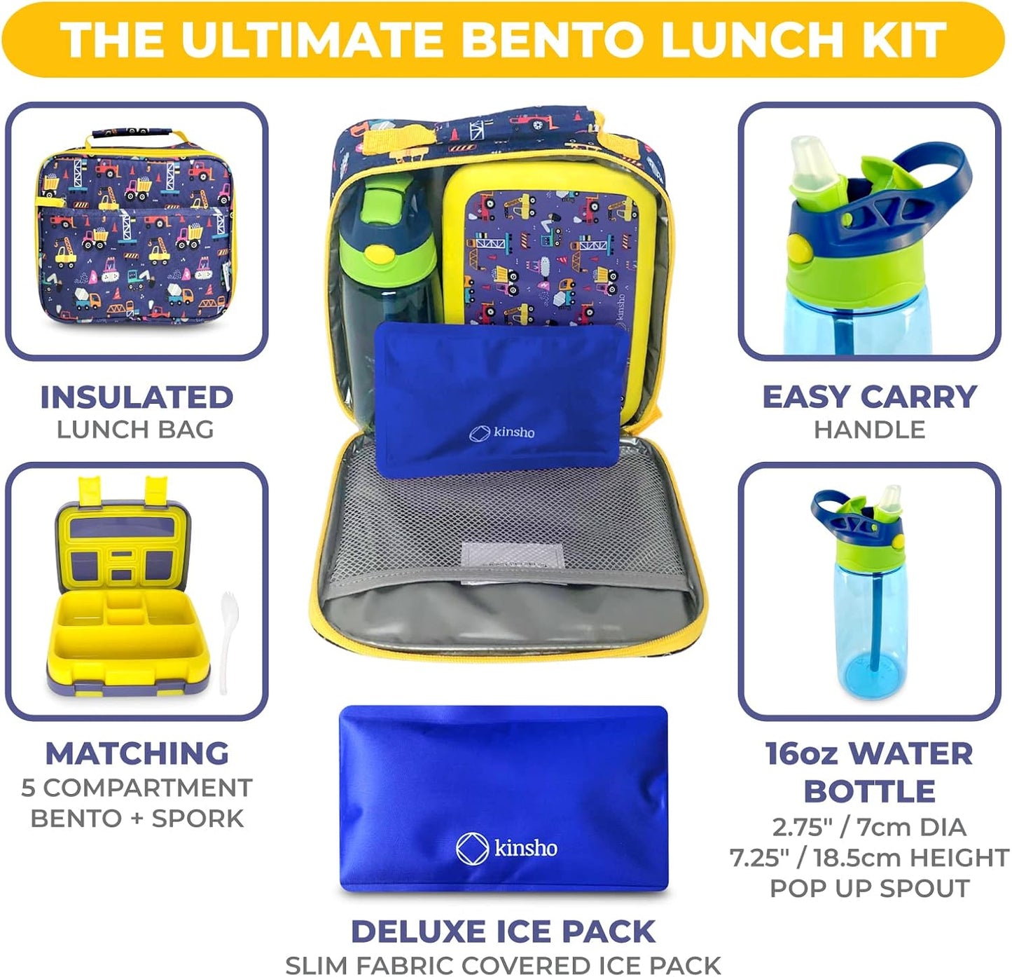 Kinsho Bento Lunch Box for Kids Toddlers, 5 Portion Control Sections, BPA Free Removable Plastic Tray, Pre-School Kid Toddler Daycare Lunches, Snack Container Ages 3 to 7 (Blue Space Rockets)