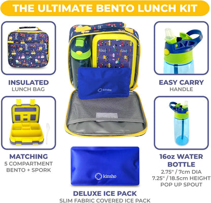 Kinsho Bento Lunch Box for Kids Toddlers, 5 Portion Control Sections, BPA Free Removable Plastic Tray, Pre-School Kid Toddler Daycare Lunches, Snack Container Ages 3 to 7 (Blue Space Rockets)