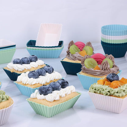 24Pack Silicone Muffin Cups, Reusable Cupcake Liners Molds for Baking, 3 Shapes Lunch Box Bento Dividers-Round, Square, and Rectangular (Orange Series, Regular Size)