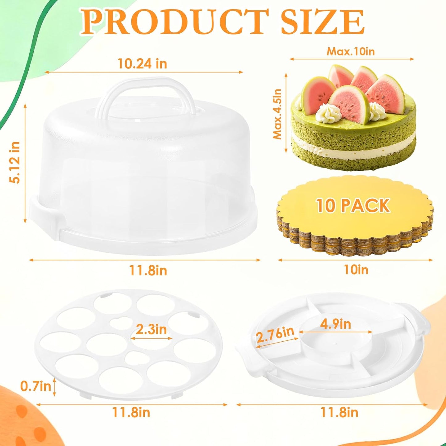 10 Inch Cake Carrier with Lid and Handle, Round Cake Transport Container with 10 Inch Cake Boards & Cupcake Serving Tray, Portable Pie Cake Holder with Cover for Wedding Party Picnics Camping