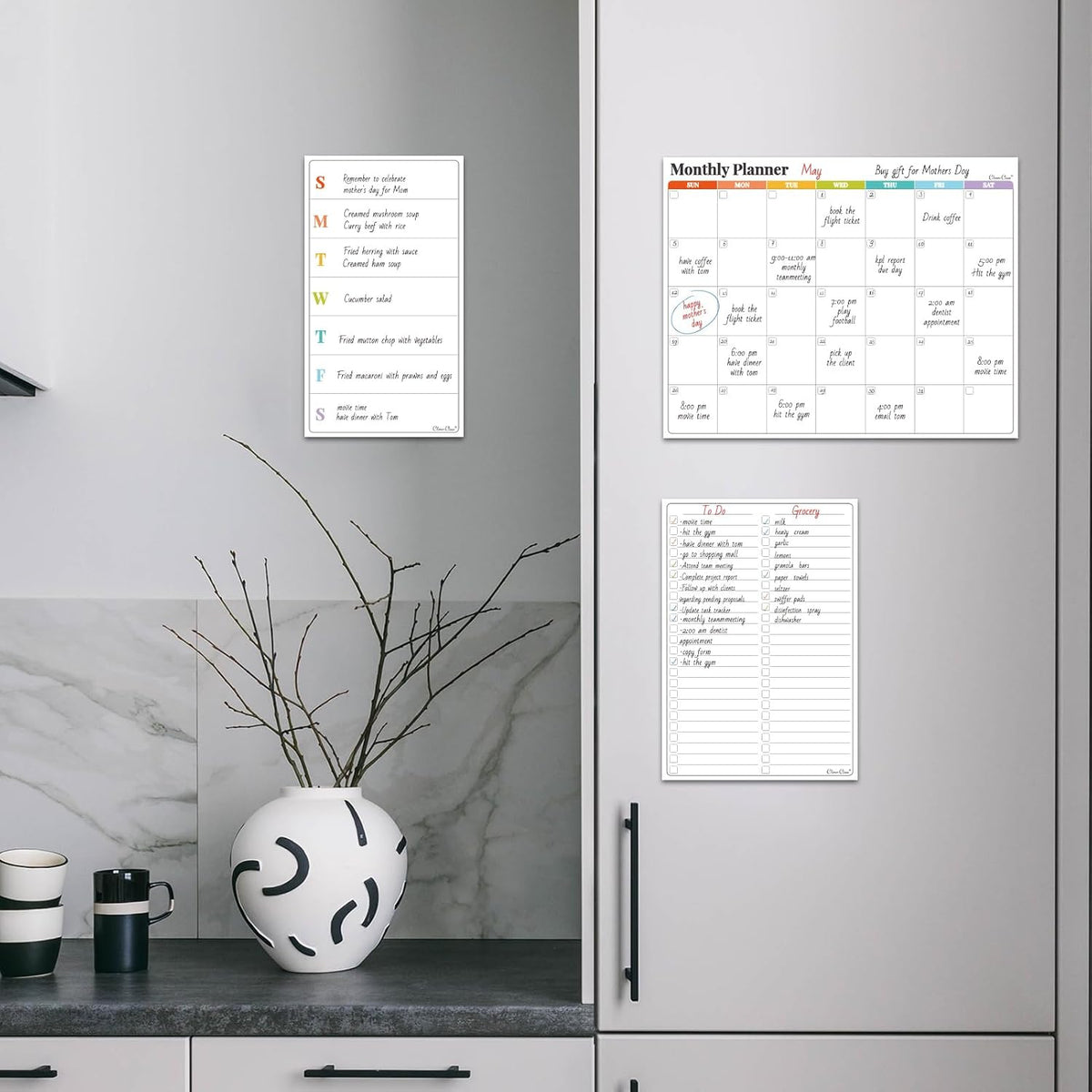 Non-Magnetic Dry Erase List for Fridge - Reusable 8"x11.5" List and Weekly Planning Board Stick to Most Smooth Surfaces - 3 Dry Erase Markers Included