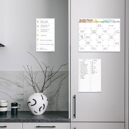 Non-Magnetic Dry Erase List for Fridge - Reusable 8"x11.5" List and Weekly Planning Board Stick to Most Smooth Surfaces - 3 Dry Erase Markers Included
