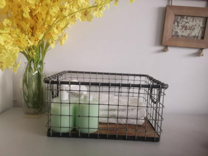 11.5" Wide Rectangular Sturdy Hand Welded Farmhouse Metal Wire Basket with Rustic Wooden Bottom For Shelves, Closet Storage Bins for Shelves. Also For Laundry, Towel, Spice Rack, Tool Box (11.5"x7")