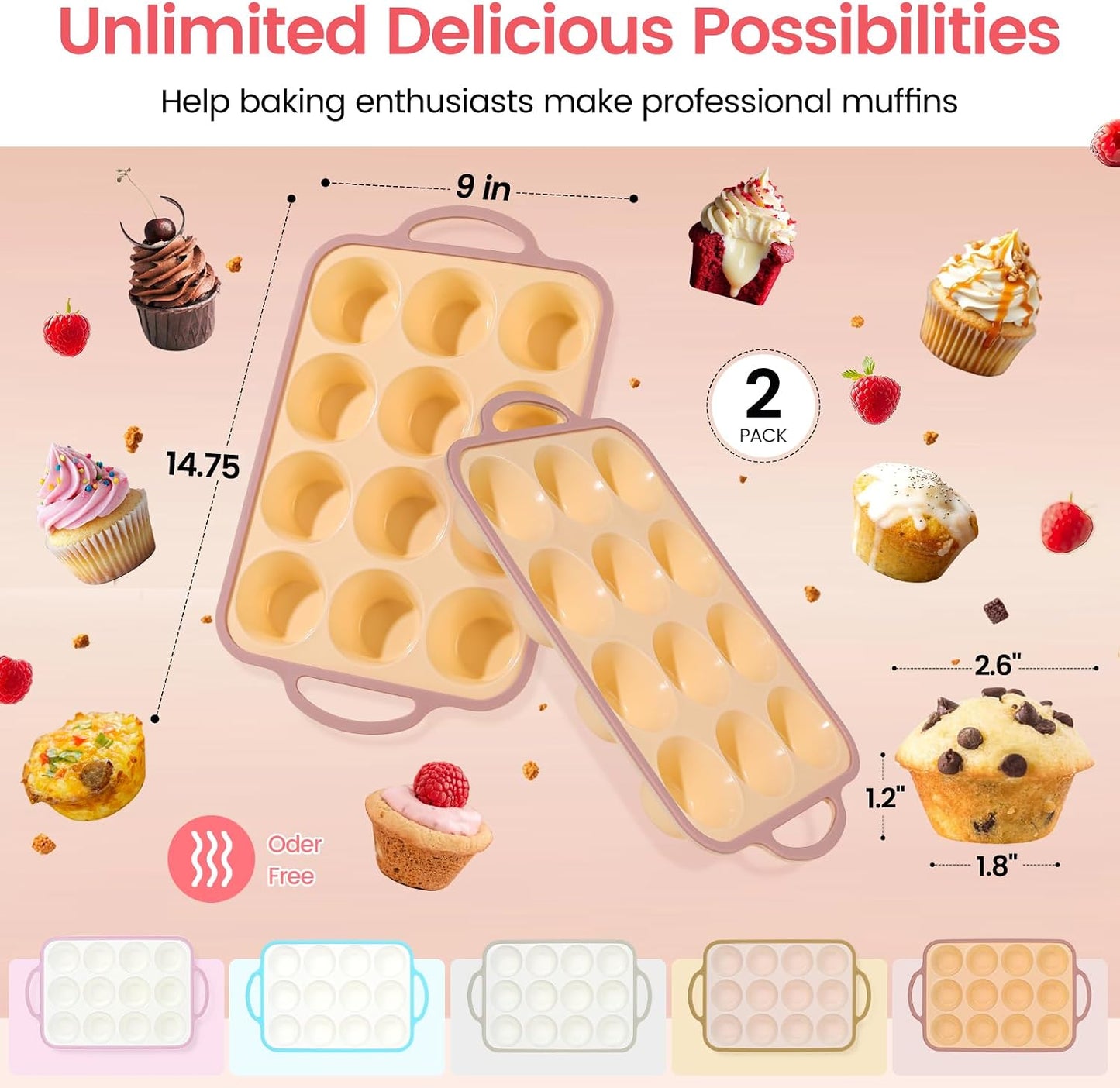 Silicone Muffin Pans for Baking 2 Pack, 2.6 Inch with Metal Reinforced Frame, Regular Size Nonstick Cupcake Pan 12 Cups for Baking Homemade Muffins, Dishwasher Safe BPA Free-Blue