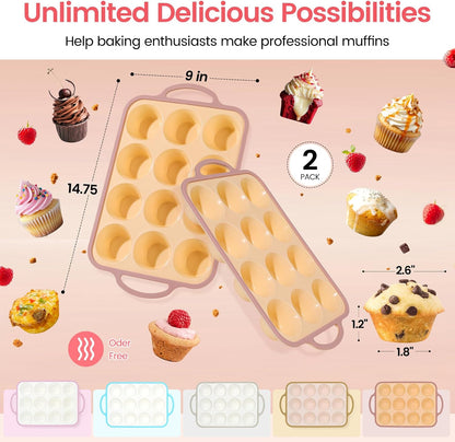 Silicone Muffin Pans for Baking 2 Pack, 2.6 Inch with Metal Reinforced Frame, Regular Size Nonstick Cupcake Pan 12 Cups for Baking Homemade Muffins, Dishwasher Safe BPA Free-Blue