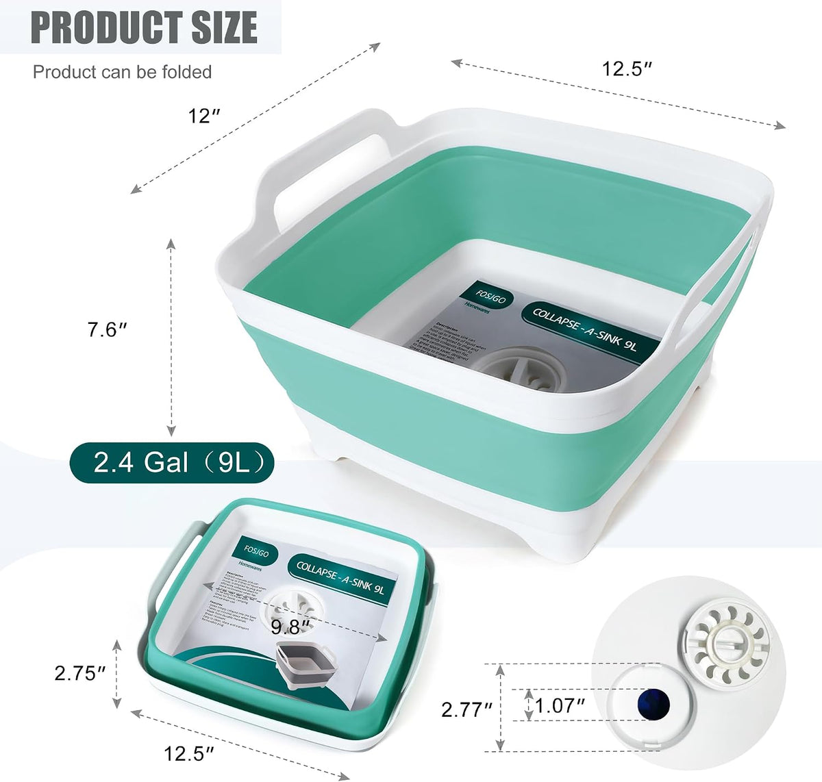 FOSJGO Collapsible Dish Basin with Drain Plug, Foldable Sink, 2.4 Gal (9L)