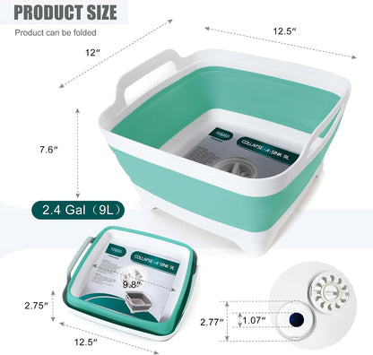 FOSJGO Collapsible Dish Basin with Drain Plug, Foldable Sink, 2.4 Gal (9L)