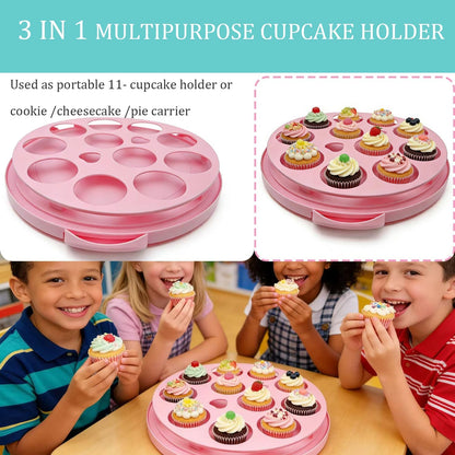 GIEHOUGRIO 10 inch Cake Carrier with Lid and Handle, 3 in 1 Multipurpose Plastic Cupcake Holder & Plastic Cover Two Sided Base for New Year, Christmas, Party, Various Holidays- Easy Transport (Pink)