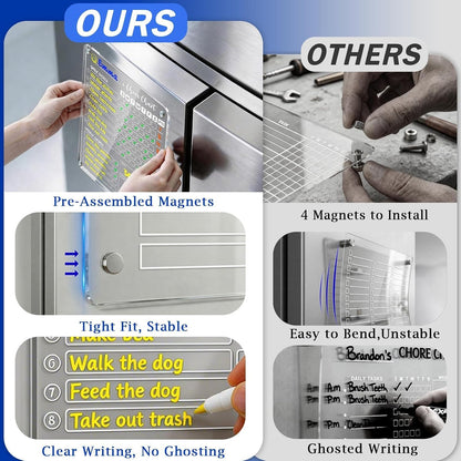 PigPotParty Acrylic Magnetic Chore Chart for Adults, 12x9.5 Inch Clear Dry Erase Chore Board for Fridge, Daily Weekly and Notes Sections, Pre-Installed Embedded Magnets, 8 Fine-tip Markers and Towel