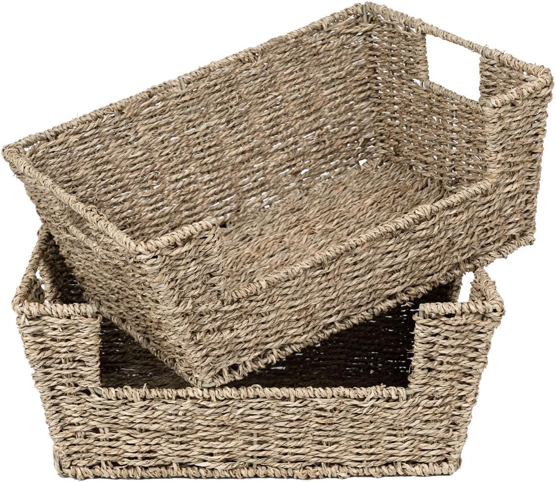 StorageWorks Round Paper Rope Woven Basket for Pantry Organizers and Storage, Stackable Pantry Storage Baskets for Shelves, Brown, 2-Pack