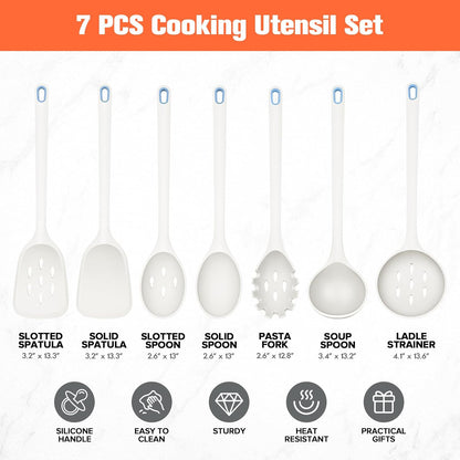Large Silicone Utensils Set of 7 for Cooking,No Scratch for Nonstick Cookware,Pasta Server,Spaghetti Spoon,Slotted Spoon&Spatula,Solid Spoon&Spatula,Skimmer,Soup Ladle BPA Free Heat Resistant (Green)