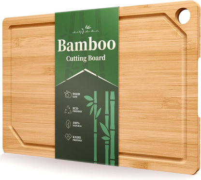 Kitsure Bamboo Cutting Board Set - Multi-Sizes Wooden Cutting Boards for Kitchen, Convenient Kitchen Essentials with Deep Juice Grooves, Cutting Board for Chopping & Serving, 2 Pack, Natural