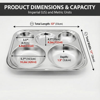 Korean Stainless Steel Divided Plates for Adults, Teens, Premium 304, Electro-Polished, No Black Residue, BPA-Free, Large 5-Compartment Food Tray, Diet Portion Control, Camping, Set of 2