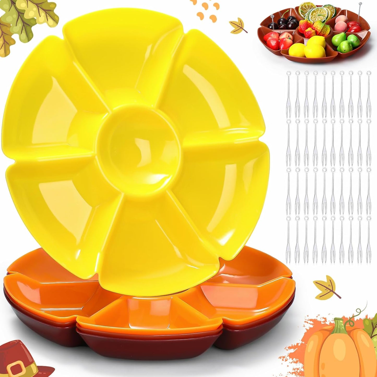 Zhehao 4 Pcs Sectional Heavyweight Plastic Divided Plates Serving Trays with 40 Disposable Forks 10.6" 7 Section Round Chip Dip Plate Snack Food Platter for Nut Candy Veggie Fruit (Blue)