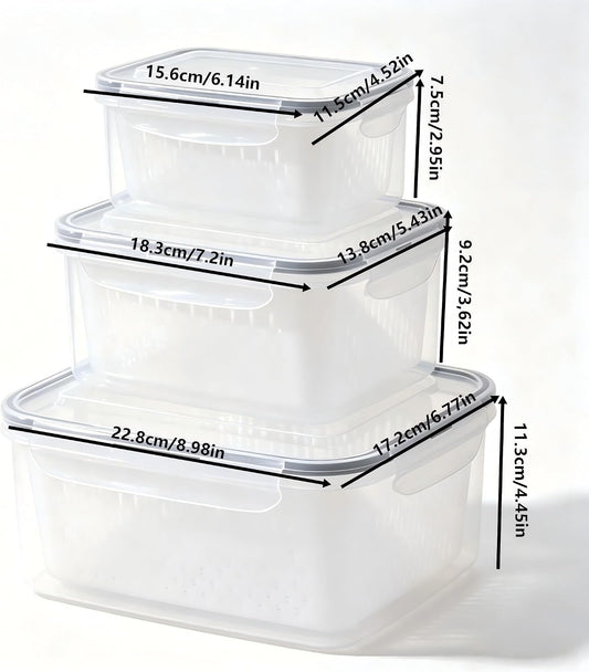 3-Pack Fresh Fruit Storage Containers for Fridge with Strainer & Drain Lid