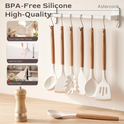 Astercook 39 PCS Kitchen Utensils Set, Silicone Cooking Utensil Sets with Wooden Handle, 446°F Heat Resistant Food Grade Spatula Set, BPA Free Kitchen Gadgets Tools Set & Spoons for Nonstick Cookware