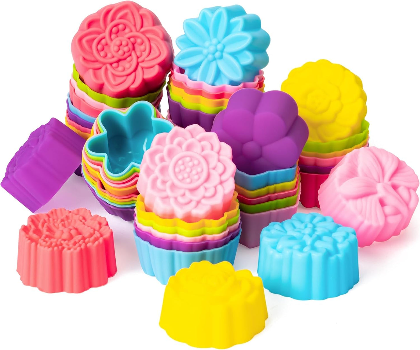 R HORSE Mini Silicone Cupcake Liners Molds - 60Pcs 2 Inch Muticolor Floral Shaped Baking Cups, Reusable Non-Stick Cupcake Wrappers Muffin Baking Liners for Oven Microwave Dishwasher Safe