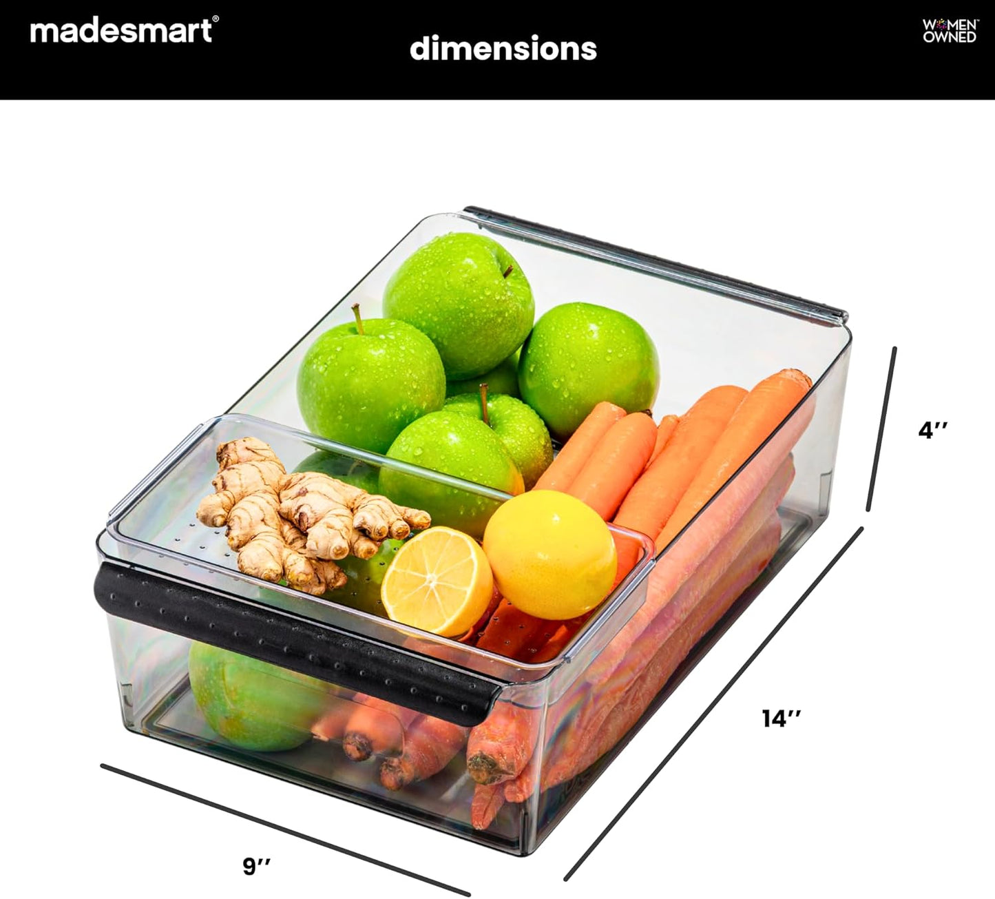 madesmart Fridge Portable Tote, Condiment Caddy with 2 Compartments, Pop-Up Handle & Non-Slip Base, Refrigerator Organizer for Sauces, Jars & Small Items, Clear