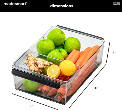 madesmart Fridge Portable Tote, Condiment Caddy with 2 Compartments, Pop-Up Handle & Non-Slip Base, Refrigerator Organizer for Sauces, Jars & Small Items, Clear