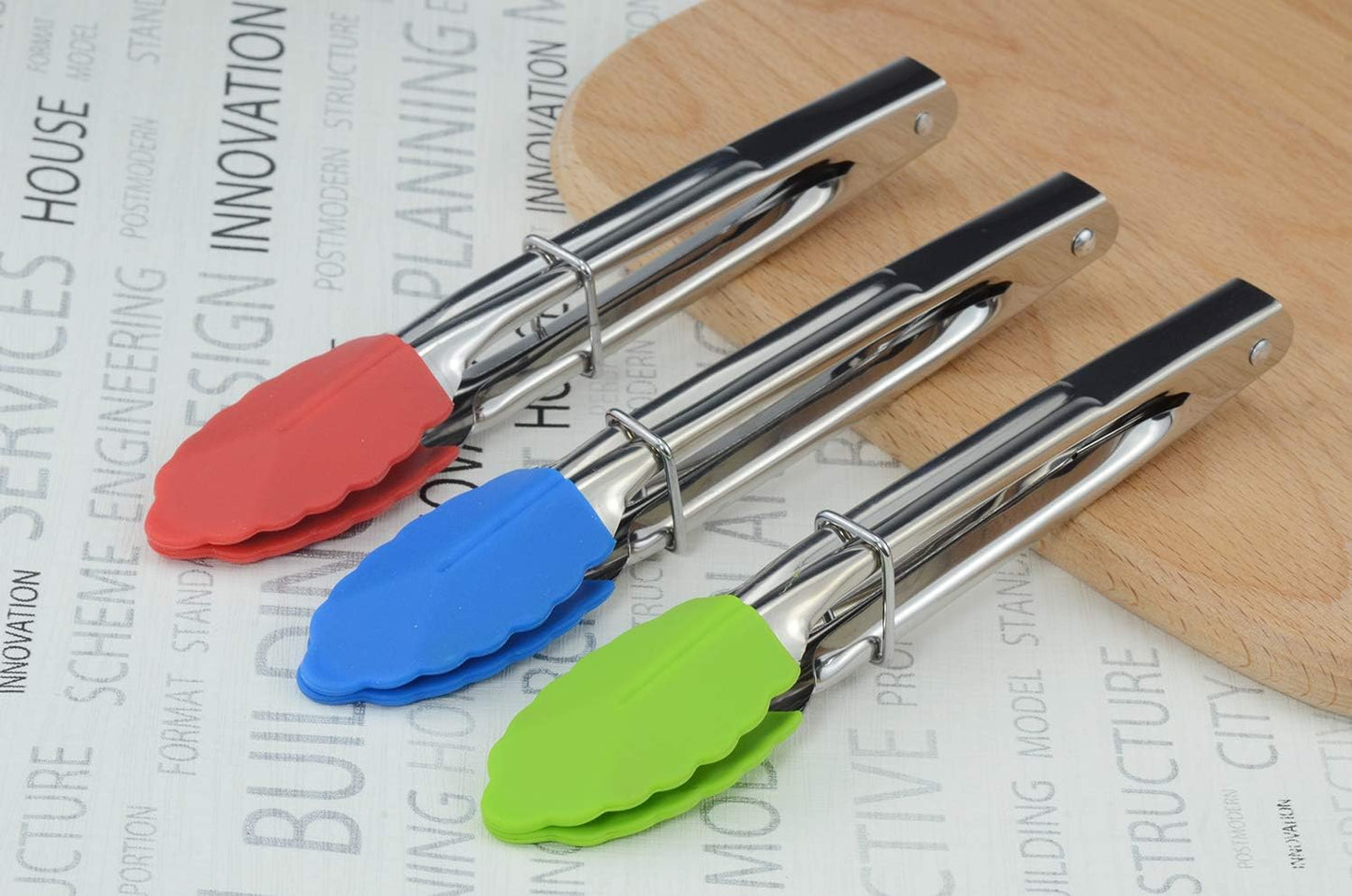 HINMAY Mini Stainless Steel Food Tongs with Silding Rings 7-Inch, Set of 6 | Small Clam Shell Service Tongs for Serving Appetizers, Desserts, Salads, Barbecue and Cooking (Silver)
