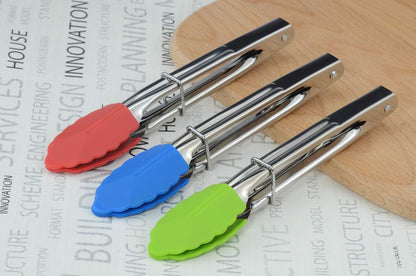 HINMAY Mini Stainless Steel Food Tongs with Silding Rings 7-Inch, Set of 6 | Small Clam Shell Service Tongs for Serving Appetizers, Desserts, Salads, Barbecue and Cooking (Silver)