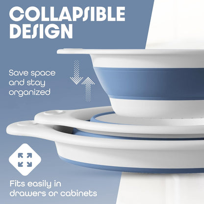 Gevoli 3-Pack Collapsible Colanders with Self-Draining Base, Over Sink-edge Silicone Food Strainers, Small/Med/Large Sizes, Nesting for Easy Compact Storage (3Qt, 4Qt, 5-Quart Set) Green/Gray