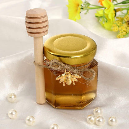 XING-RUIYANG 1.5 oz Hexagon Mini Glass Honey Jars -30Pack Honey Jars with Wood Dipper, Gold Lid, Bee Pendants, Jutes - Perfect for Baby Shower, Wedding Favors, Party Favors