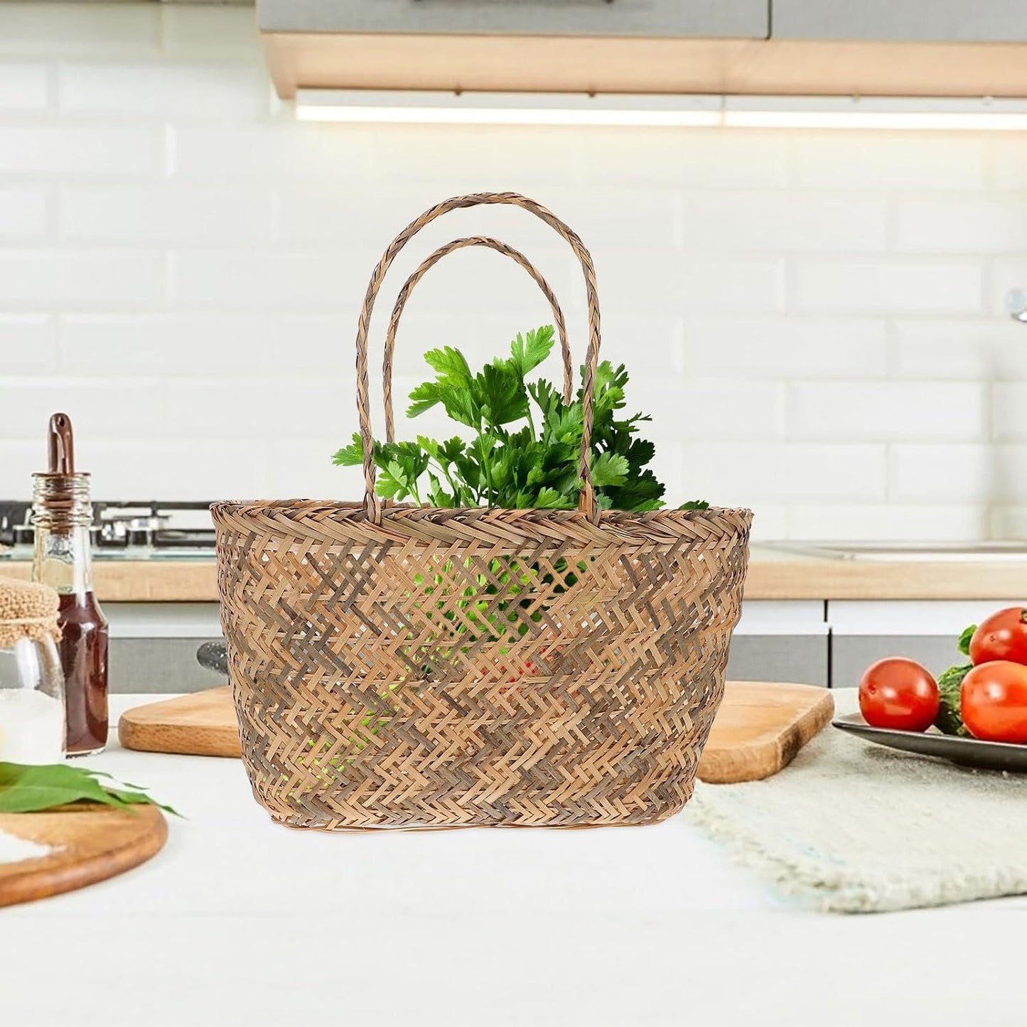 Homoyoyo Hand-woven Basket Wear-resistant and Multi-functional Storage Container with Handmade Handle for Fruits and Vegetables, for Home Decor and Kitchen Organization