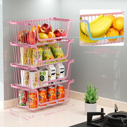 GAOKASE 4 Pcs Stackable Wire Baskets for Pantry Organizers and Storage,Vegetable Fruit Basket for Countertop,Kitchen Storage Metal Baskets,Produce Potato Onion Storage Bin-Black