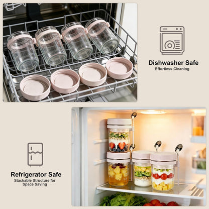 Overnight Oats Containers with Lids and Spoons - 4 Pack 16 oz Glass Mason Jars with Separate Compartments Airtight Overnight Oat Jars Leakproof Yogurt Parfait Cup for Oatmeal Chia Pudding Cereal Salad