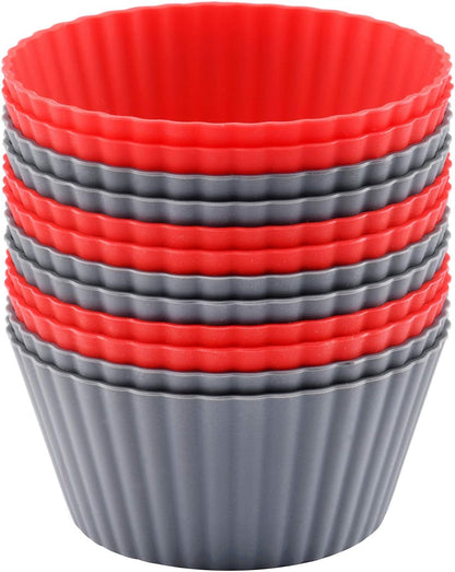 12 Pack Reusable Nonstick Jumbo Silicone Baking Cups, Cupcake and Muffin Liners, 3.8 Inch Large Size, Red and Gray Colors, Round