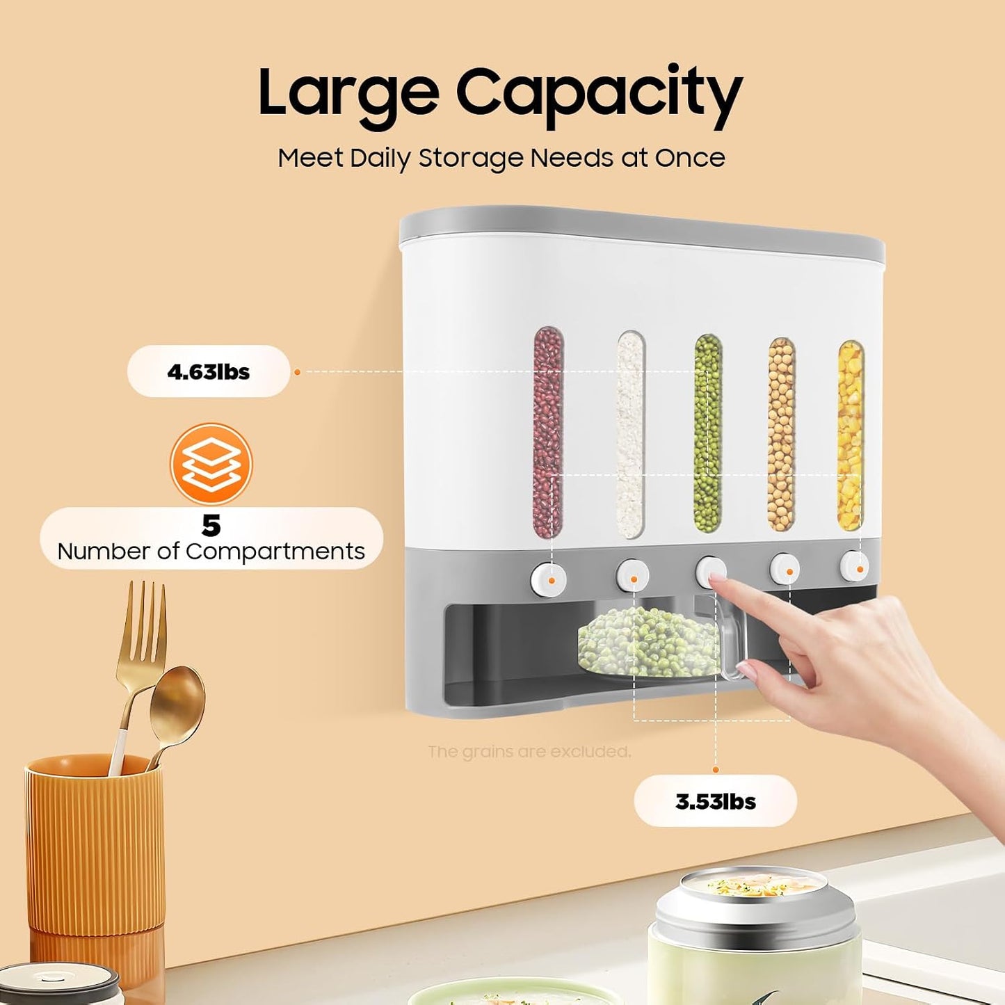 Dry Food Dispenser Wall mounted 5 Grid Cereal Dispenser Storage Rice Dispenser with Measuring Cup Individual Containers and Removable Walls for Rice, Beans, Beads Kitchen