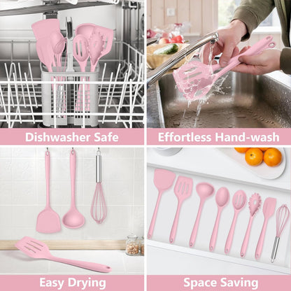 TeamFar Silicone Cooking Utensils Set, 8 PCS Kitchen Utensils Set, 446°F Heat Resistant, Turner, Spatula, Spoon, Whisk, Kitchen Cooking Gadgets Tools for Nonstick Cookware, Dishwasher Safe-Khaki
